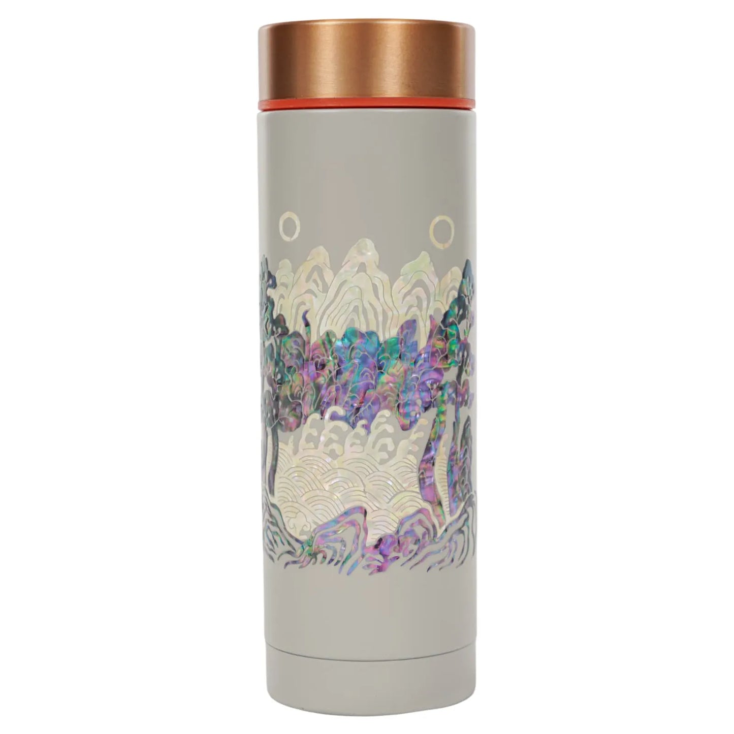 Gray tumbler with iridescent mountain and tree design in mother-of-pearl