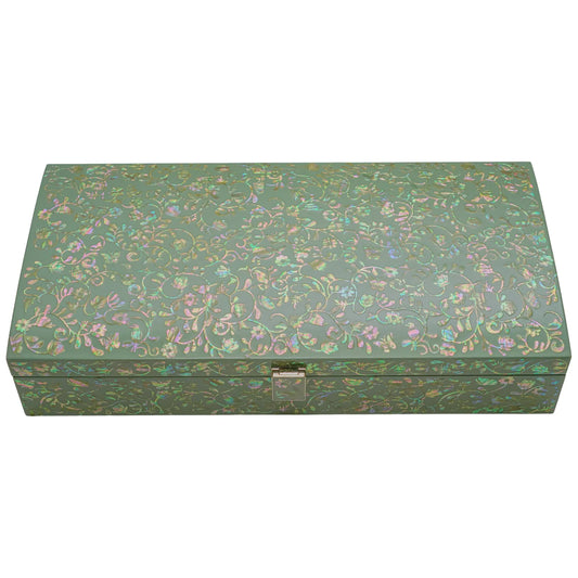 Green lacquer jewelry box with floral mother-of-pearl inlay
