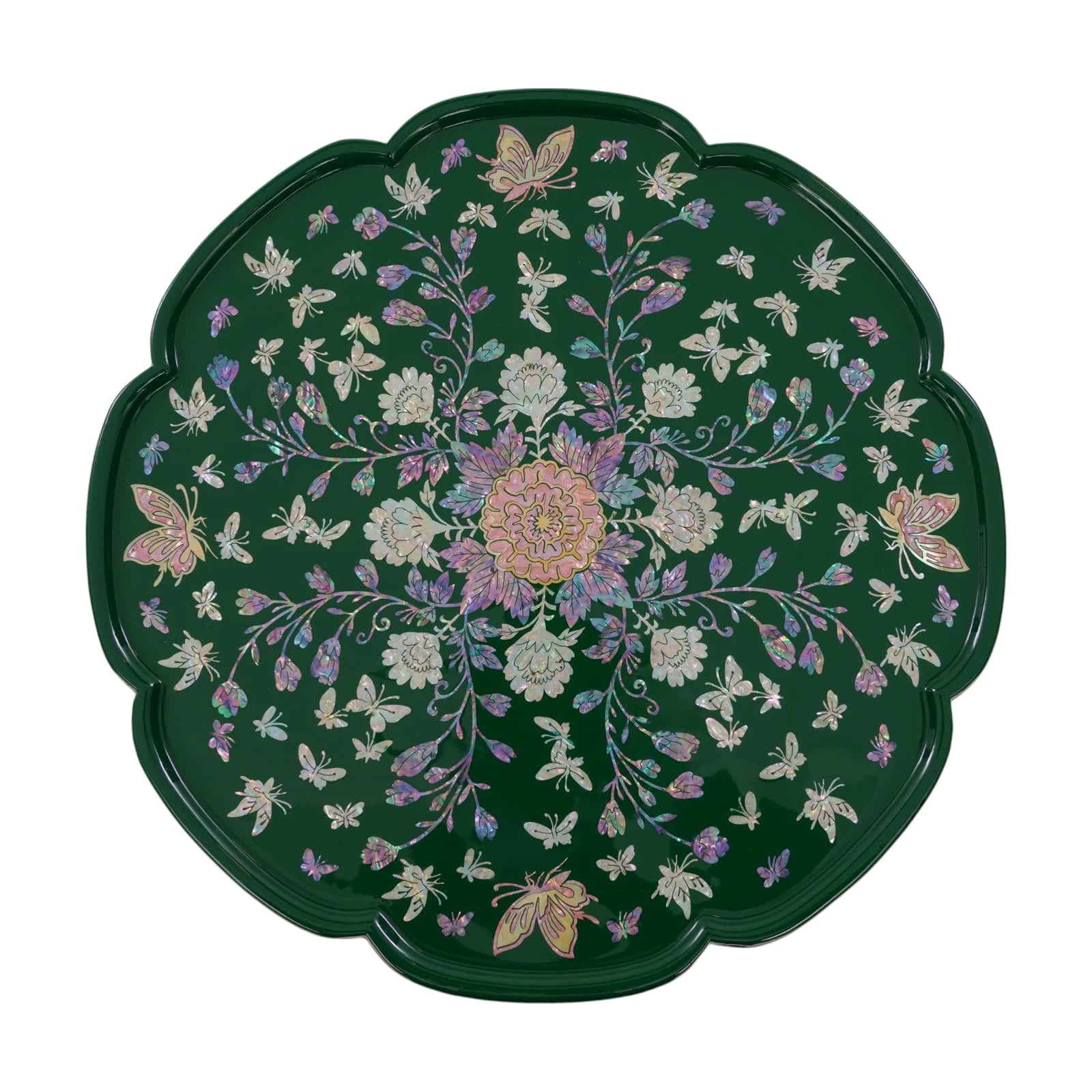 Green mother-of-pearl inlay round tray table with floral and butterfly design, scalloped edge, traditional Korean style