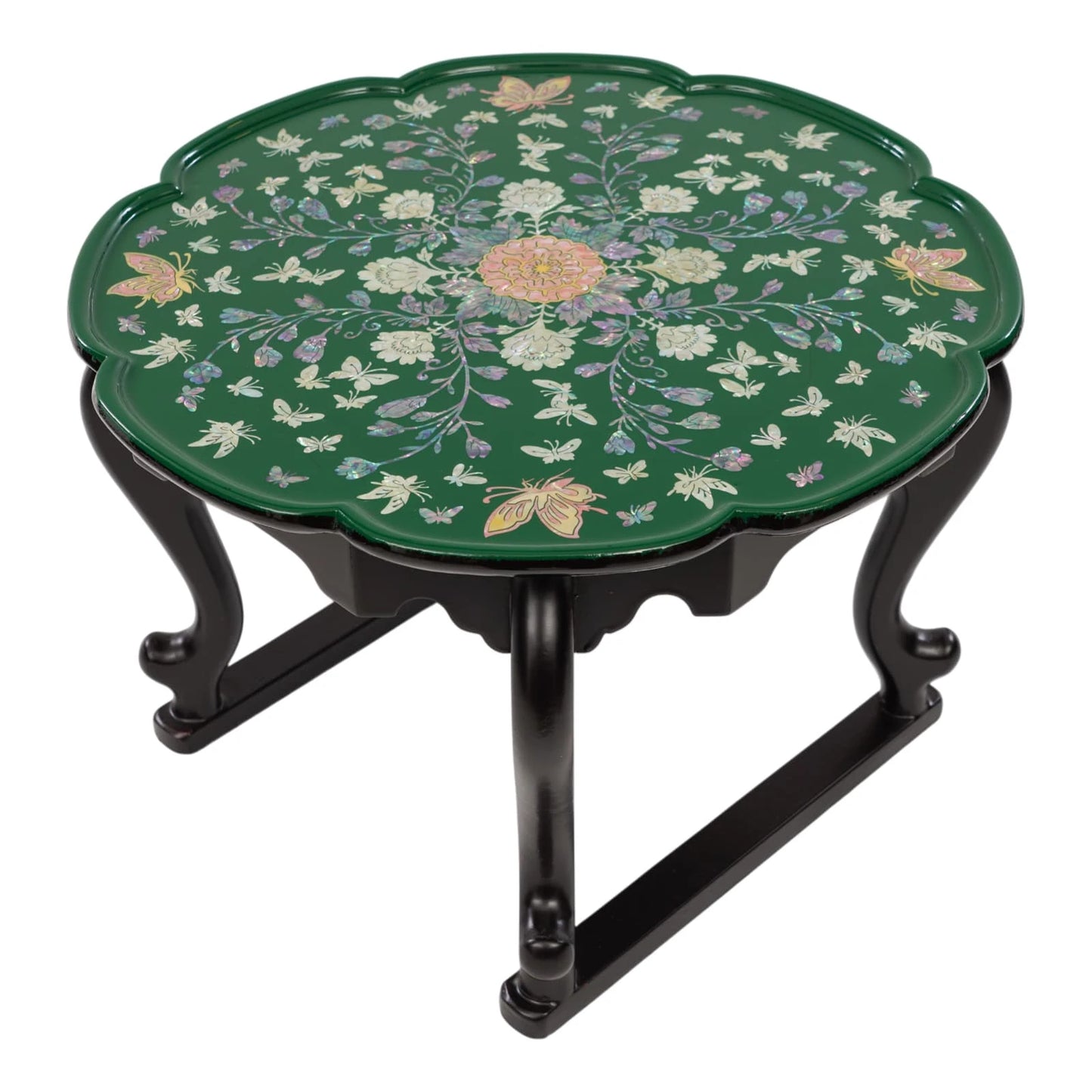 Green lacquer mother-of-pearl inlay round tray table on black stand, traditional Korean decorative furniture