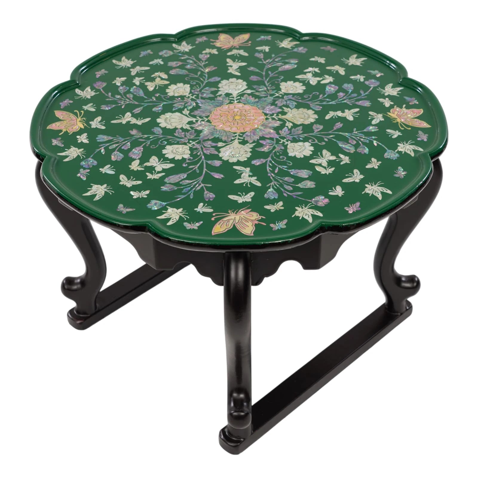Green lacquer mother-of-pearl inlay round tray table on black stand, traditional Korean decorative furniture