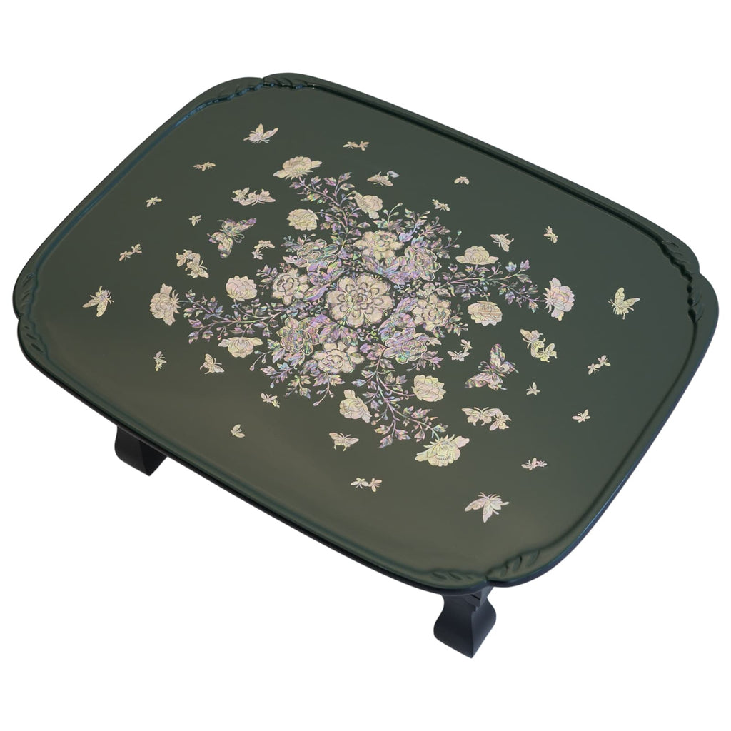 Green with detailed mother-of-pearl floral pattern.
