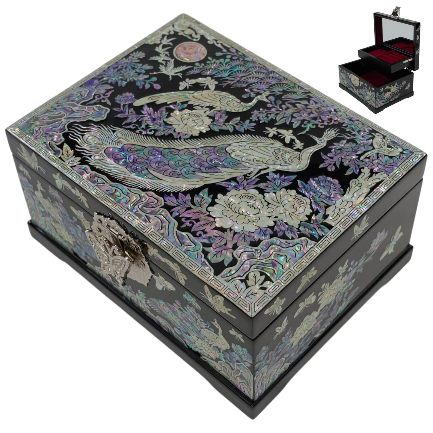 Handcrafted black lacquer jewelry box featuring iridescent mother of pearl peacock and flower inlays. Inset shows open view with mirror and red velvet interior