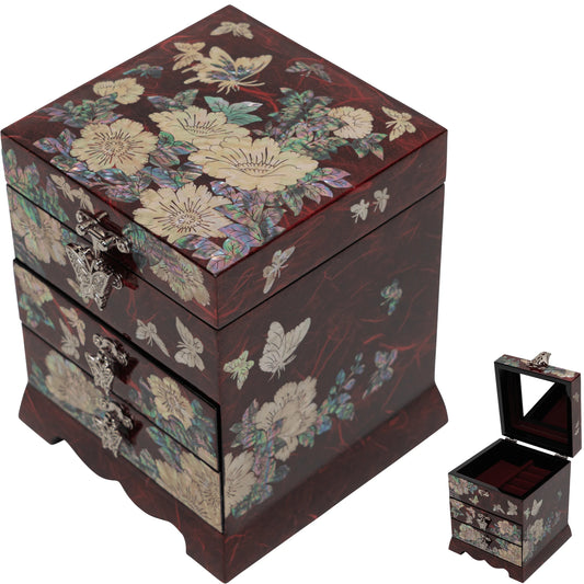 Handmade red mahogany jewelry chest with iridescent butterfly and peony shell inlay. 3-tier wooden keepsake box for rings and necklaces.