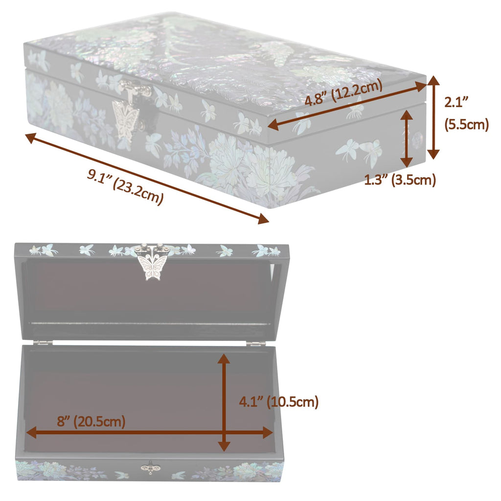 Images show a mother of pearl jewelry box with dimensions: 9.1" (23.2cm) length, 4.8" (12.2cm) width, and 2.1" (5.5cm) height when closed. The interior dimensions when open are 8" (20.5cm) by 4.1" (10.5cm).