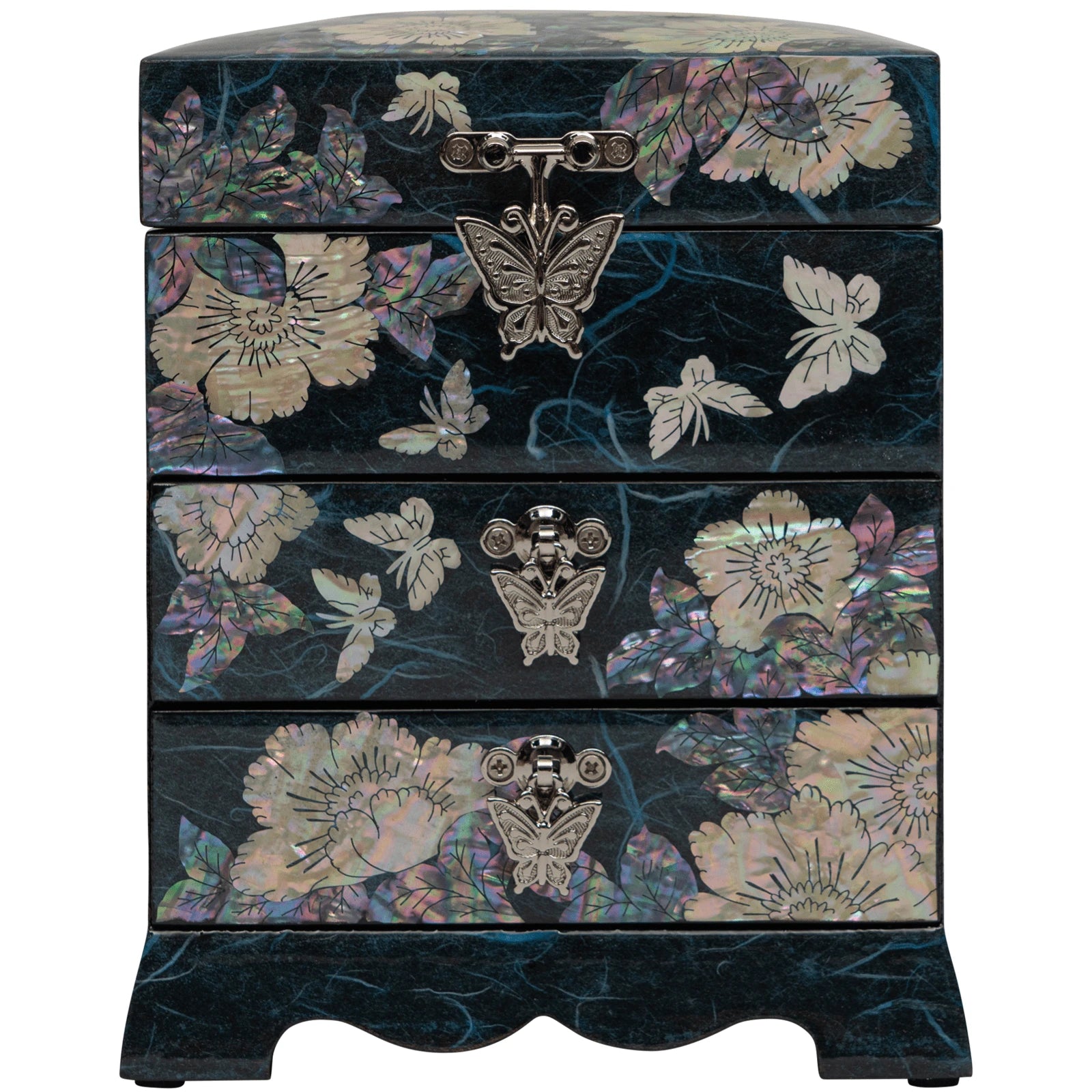 Iridescent teal jewelry box with shimmering mother of pearl floral inlay. Features three drawers with vintage butterfly clasps for elegant vanity decor.