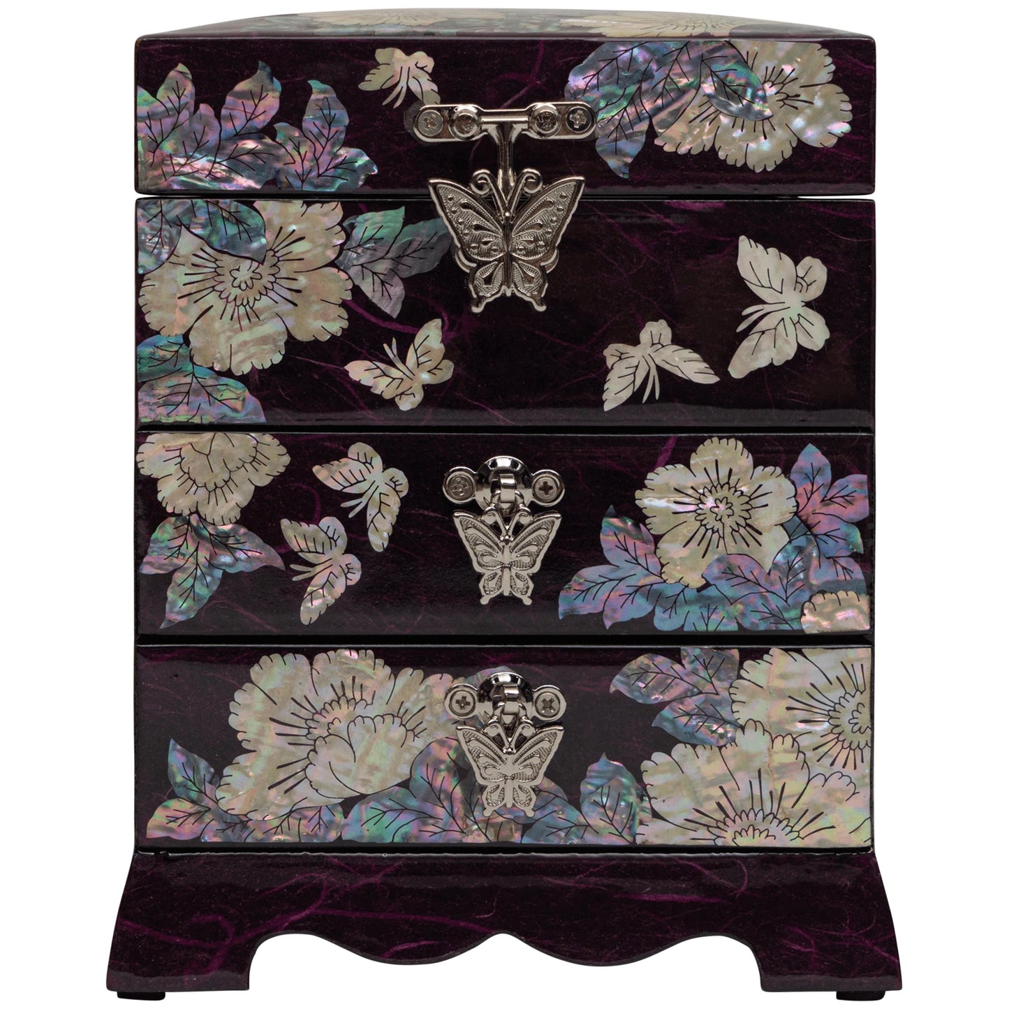 Iridescent teal jewelry box with shimmering mother of pearl floral inlay. Features three drawers with vintage butterfly clasps for elegant vanity decor.