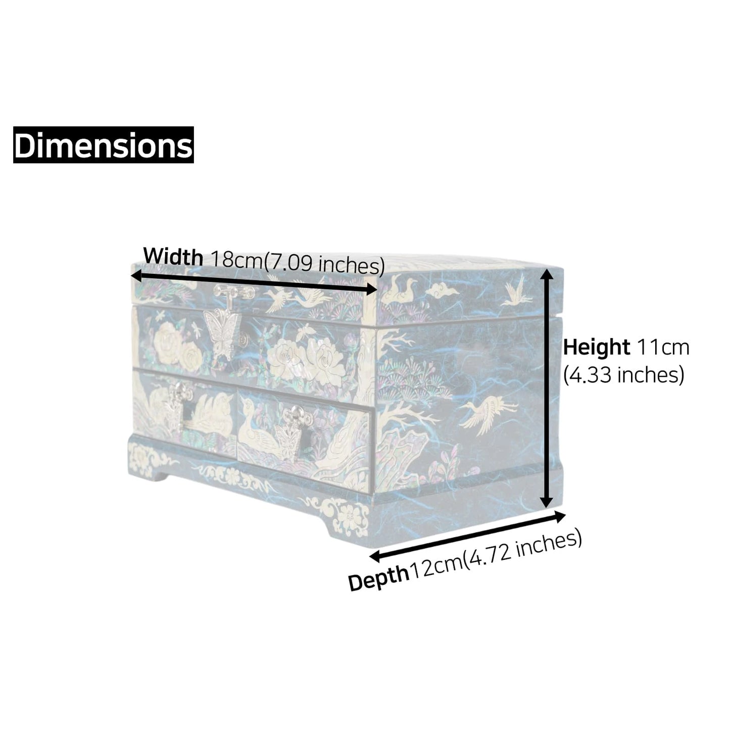 Jewelry box dimensions 18cm wide, 12cm deep, 11cm high (7.09 x 4.72 x 4.33) with labeled arrows