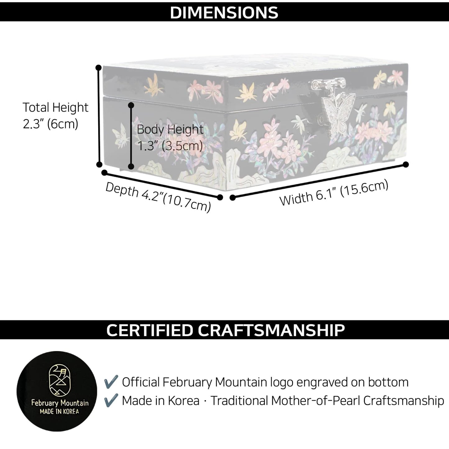 Jewelry box dimensions with size labels and February Mountain certified craftsmanship logo