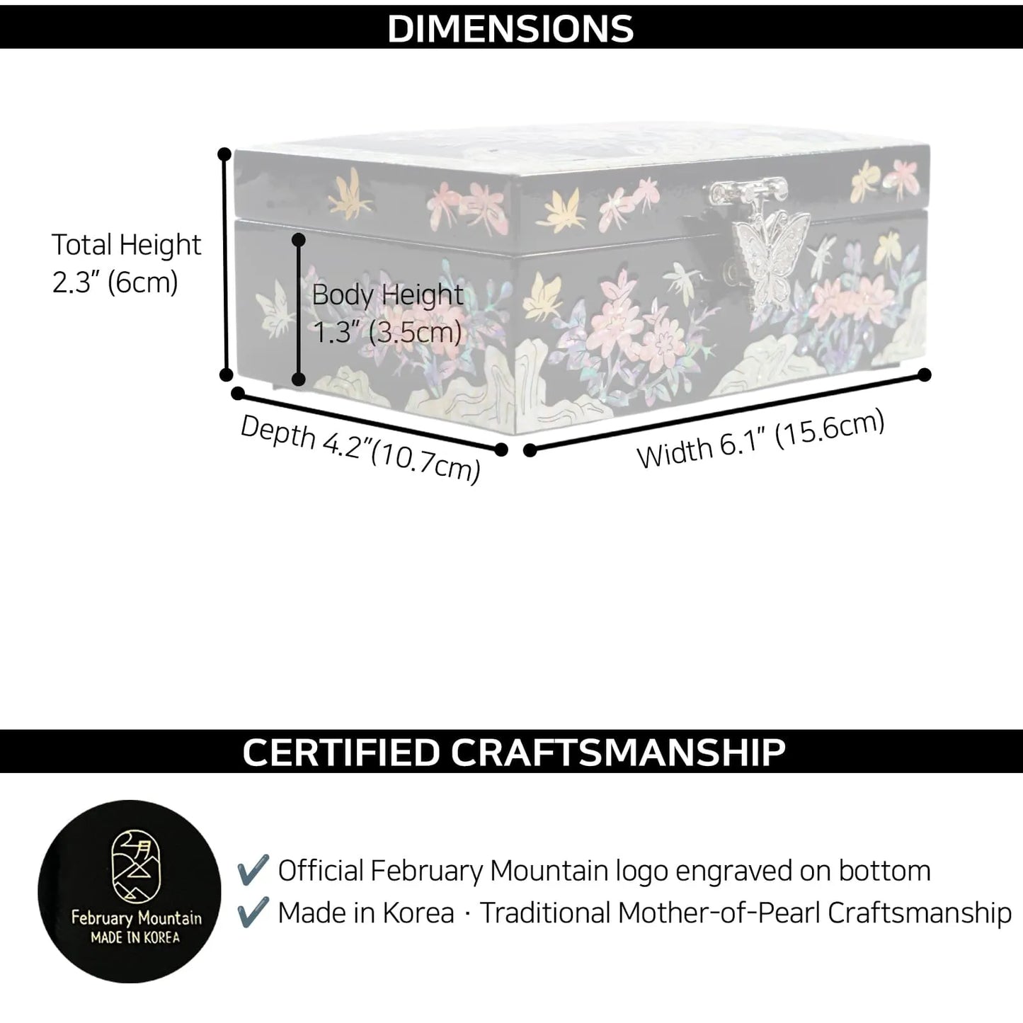 Jewelry box dimensions with size labels and February Mountain certified craftsmanship logo
