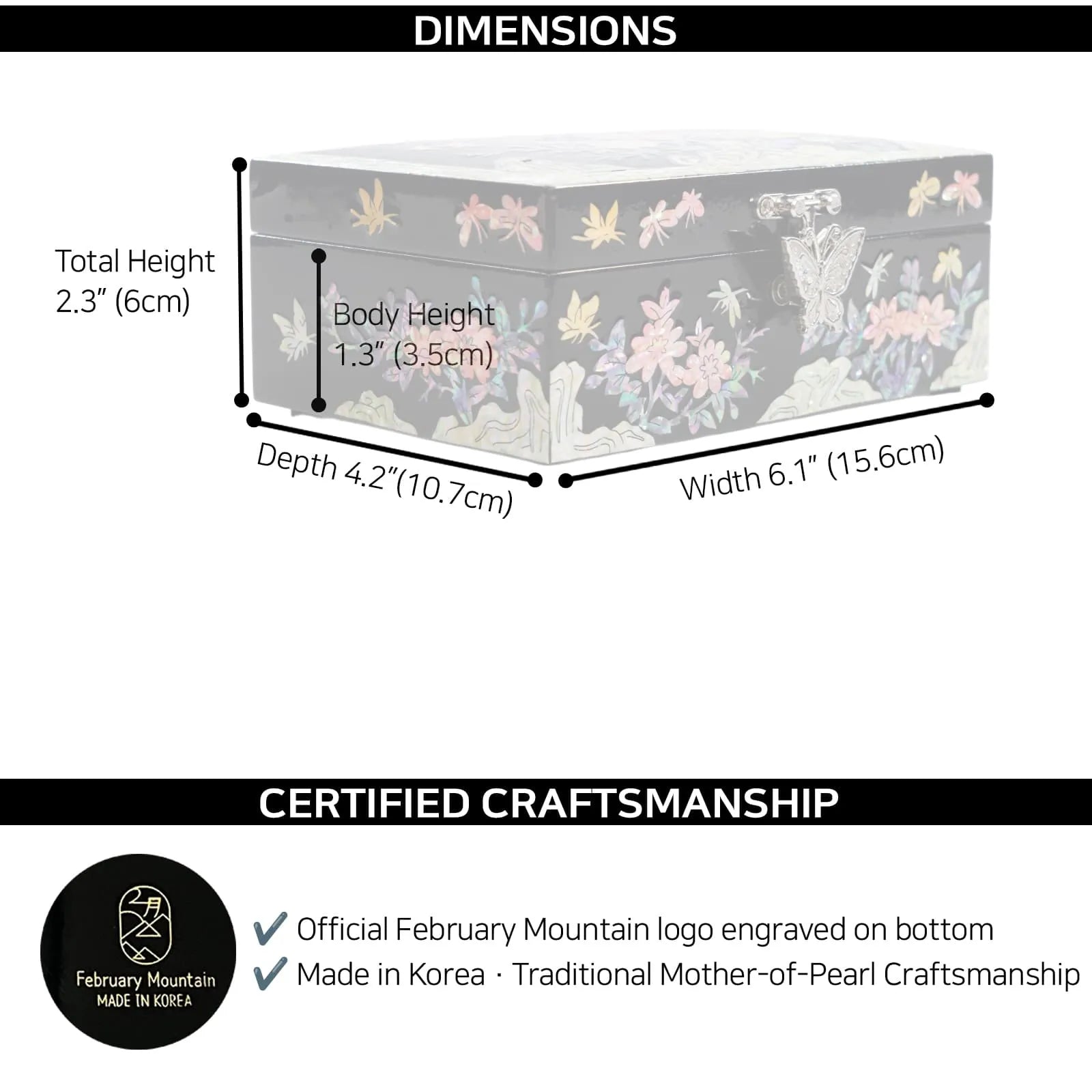 Jewelry box dimensions with size labels and February Mountain certified craftsmanship logo