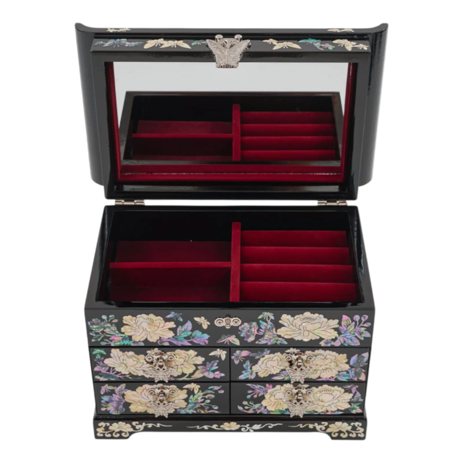 Jewelry box open showing red-lined compartments and large mirror inside