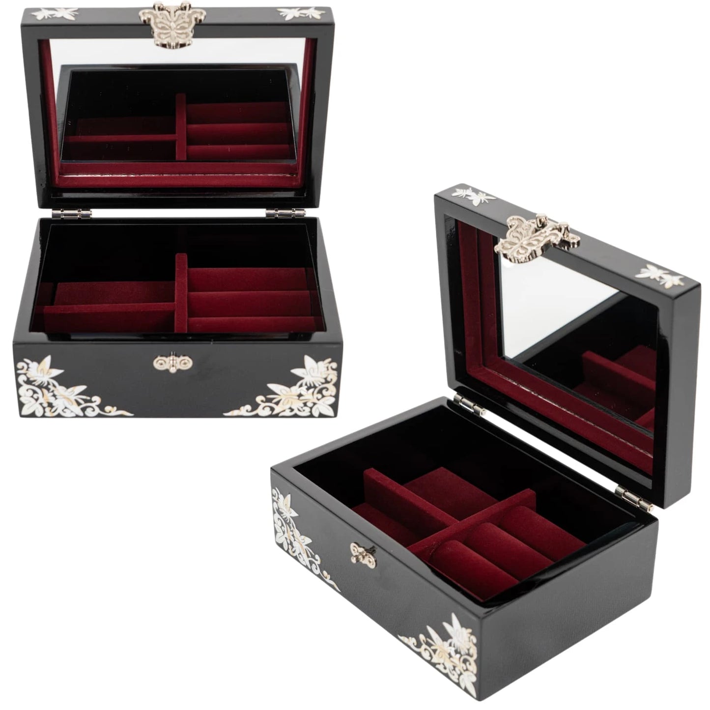 Jewelry box with mirror and red velvet compartments for rings and accessories