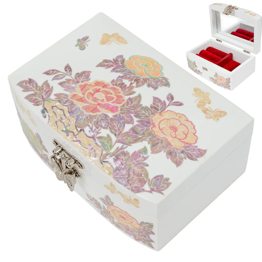 Jewelry box with peony flower and butterfly inlay, butterfly clasp, red interior