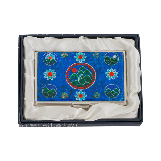 Korean-style card case with mountain and flower design in a silk-lined gift box