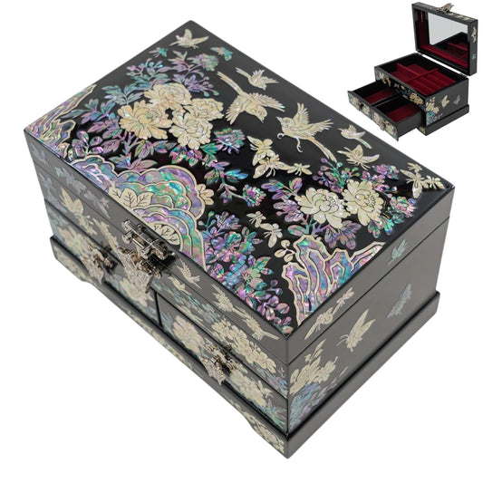 Korean Mother of Pearl Jewelry Box, Black Lacquer Wood Organizer with Peony and Crane Inlay, Traditional Handmade Trinket Box for Women, Gift for Her