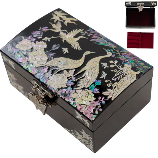 Korean crane jewelry box, lacquer mother of pearl art with red velvet interior