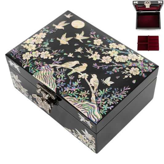 Korean jewelry box with birds and cherry blossoms, includes burgundy velvet-lined interior