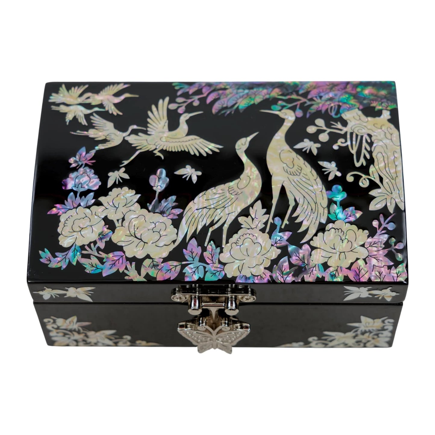 Korean lacquer jewelry box with crane design, traditional mother of pearl inlay art