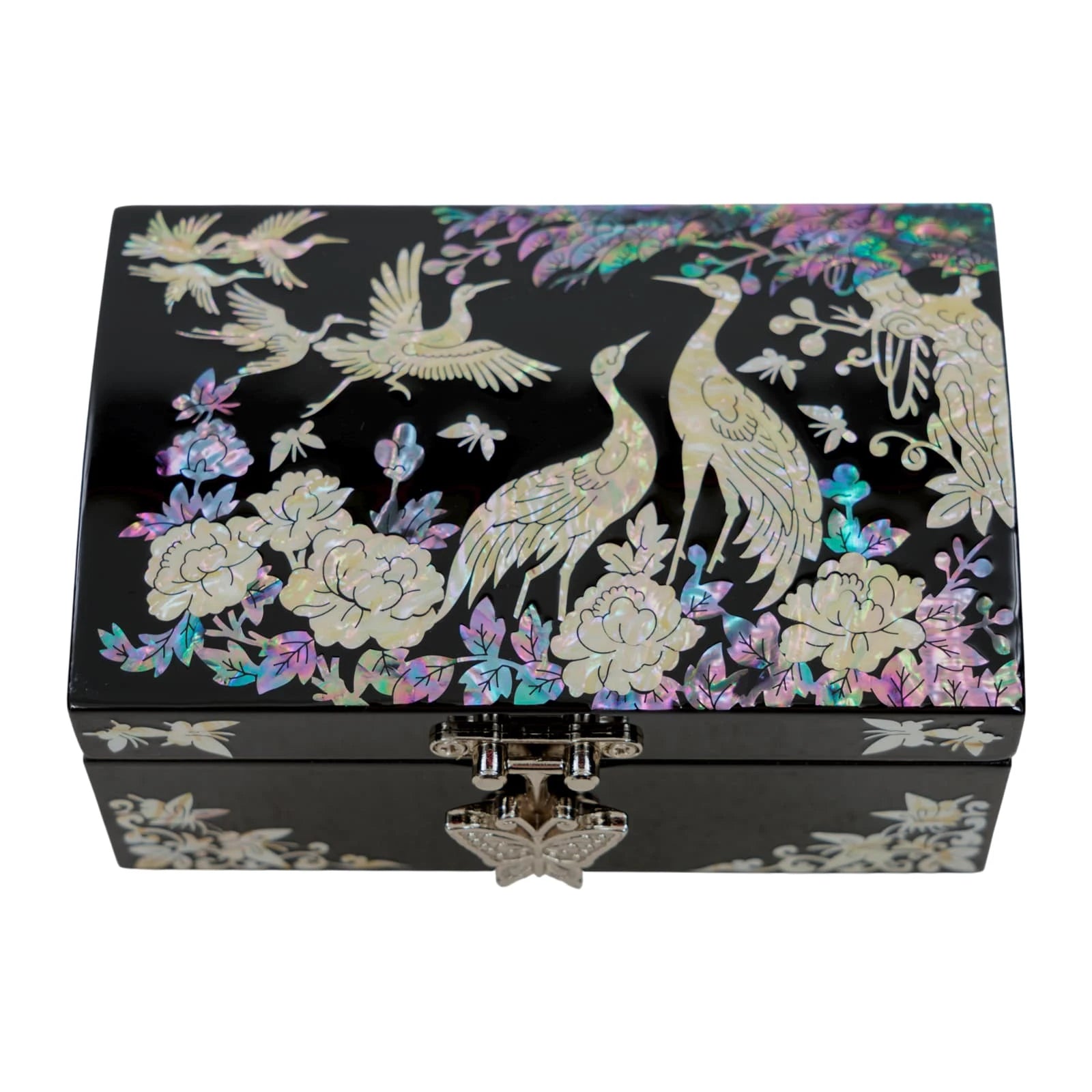Korean lacquer jewelry box with crane design, traditional mother of pearl inlay art