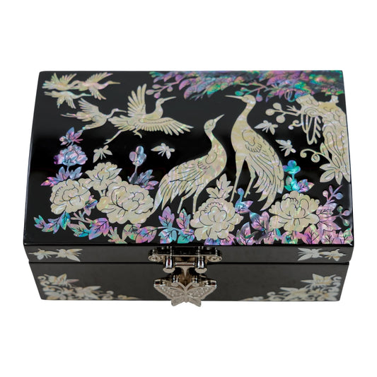Korean lacquer jewelry box with crane design, traditional mother of pearl inlay art