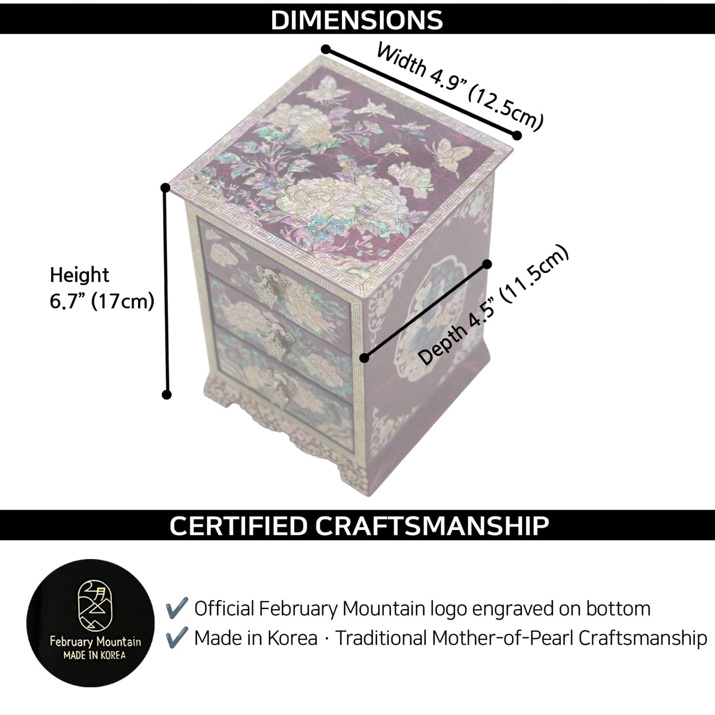Korean mother-of-pearl 3-drawer jewelry box featuring cranes and pine trees. Dimensions 6.7H x 4.9W x 4.5D. Includes February Mountain logo and Made in Korea certification