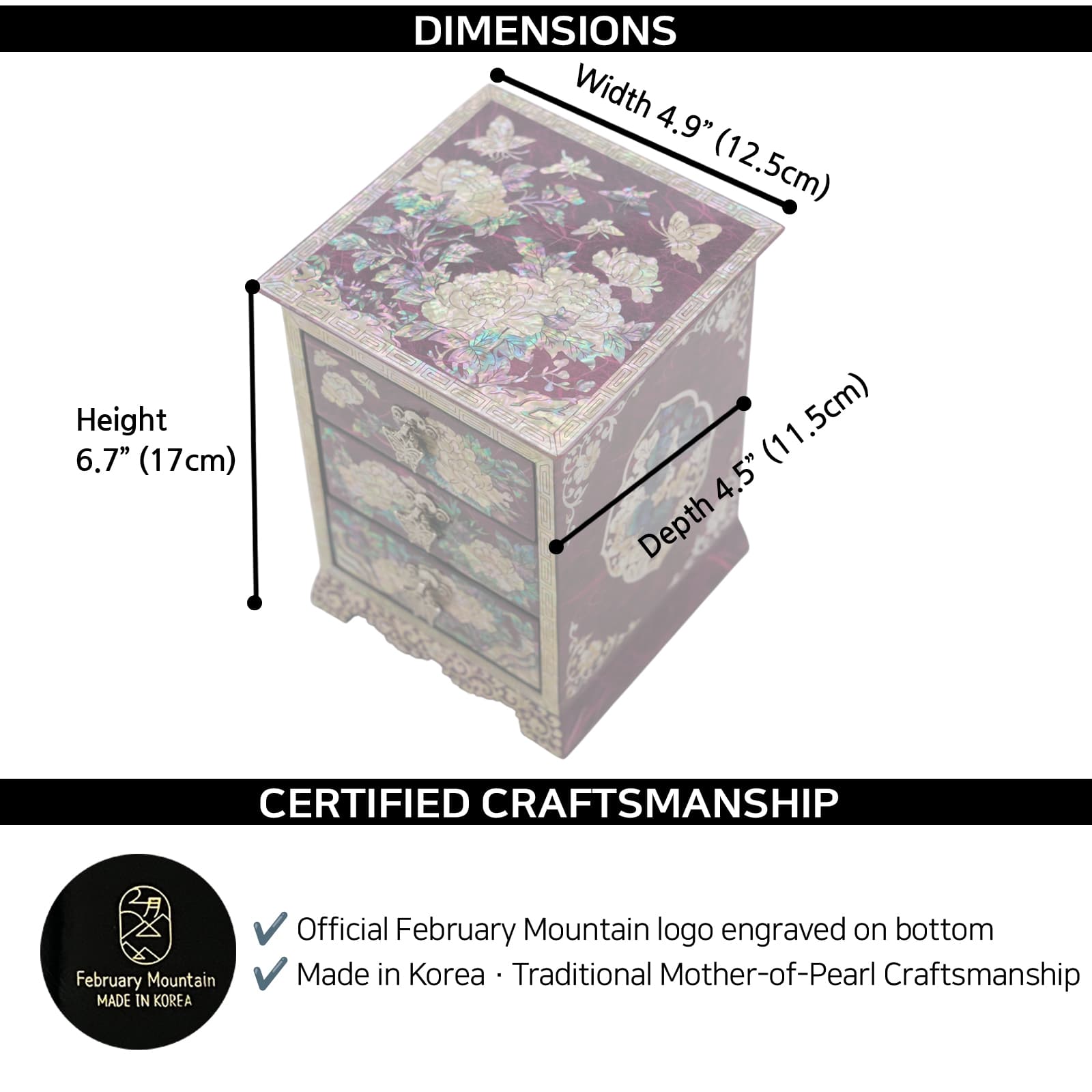 Korean mother-of-pearl 3-drawer jewelry box featuring cranes and pine trees. Dimensions 6.7H x 4.9W x 4.5D. Includes February Mountain logo and Made in Korea certification