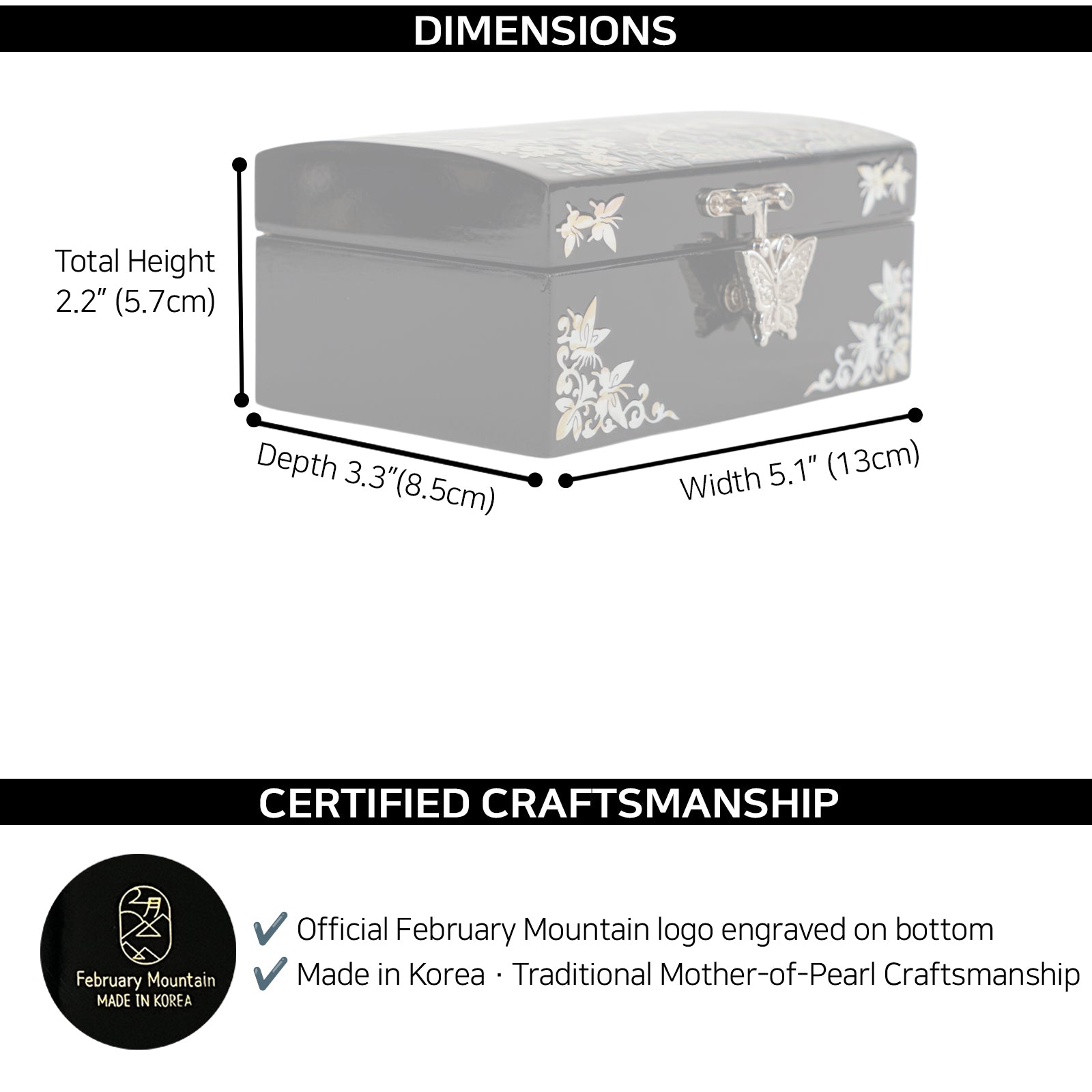 Korean mother-of-pearl jewelry box size chart with dimensions and certified craftsmanship info