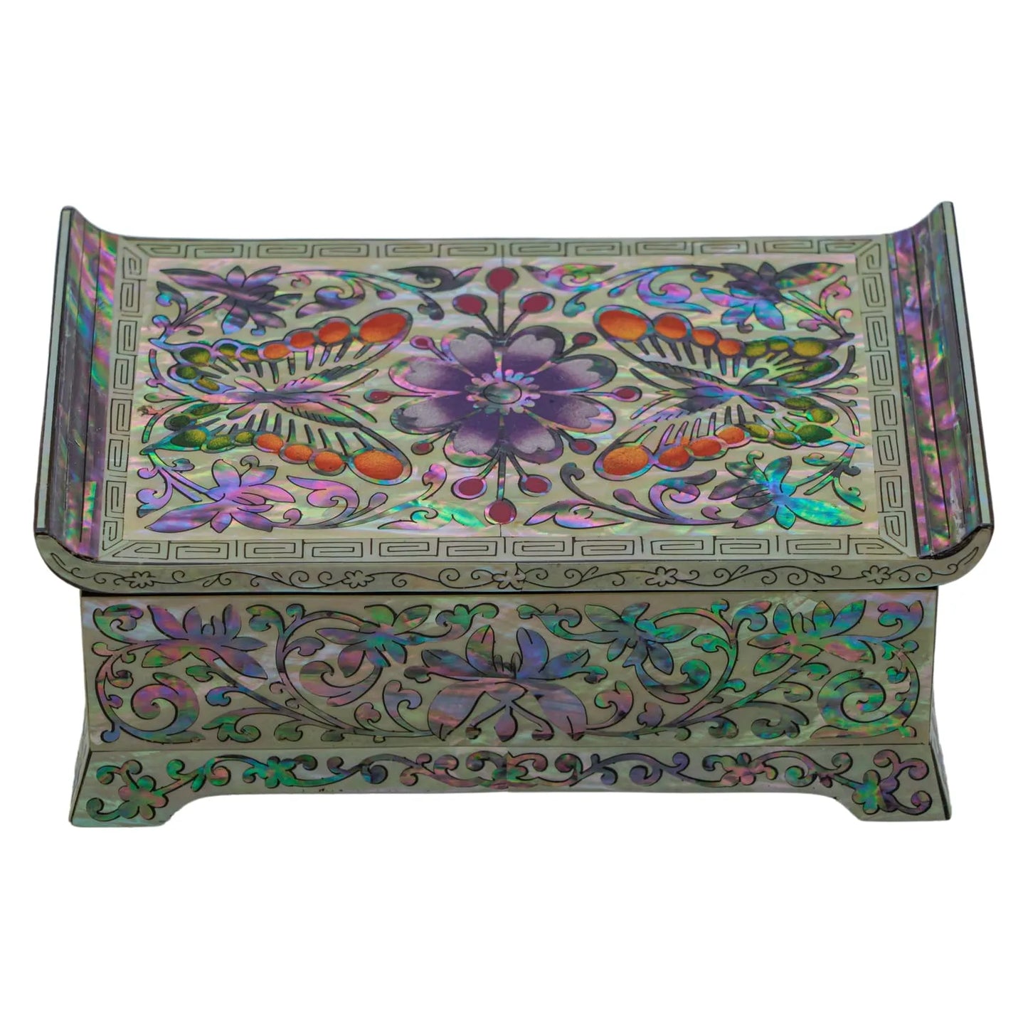 Korean mother-of-pearl jewelry box with butterfly and peony inlay, angled top view