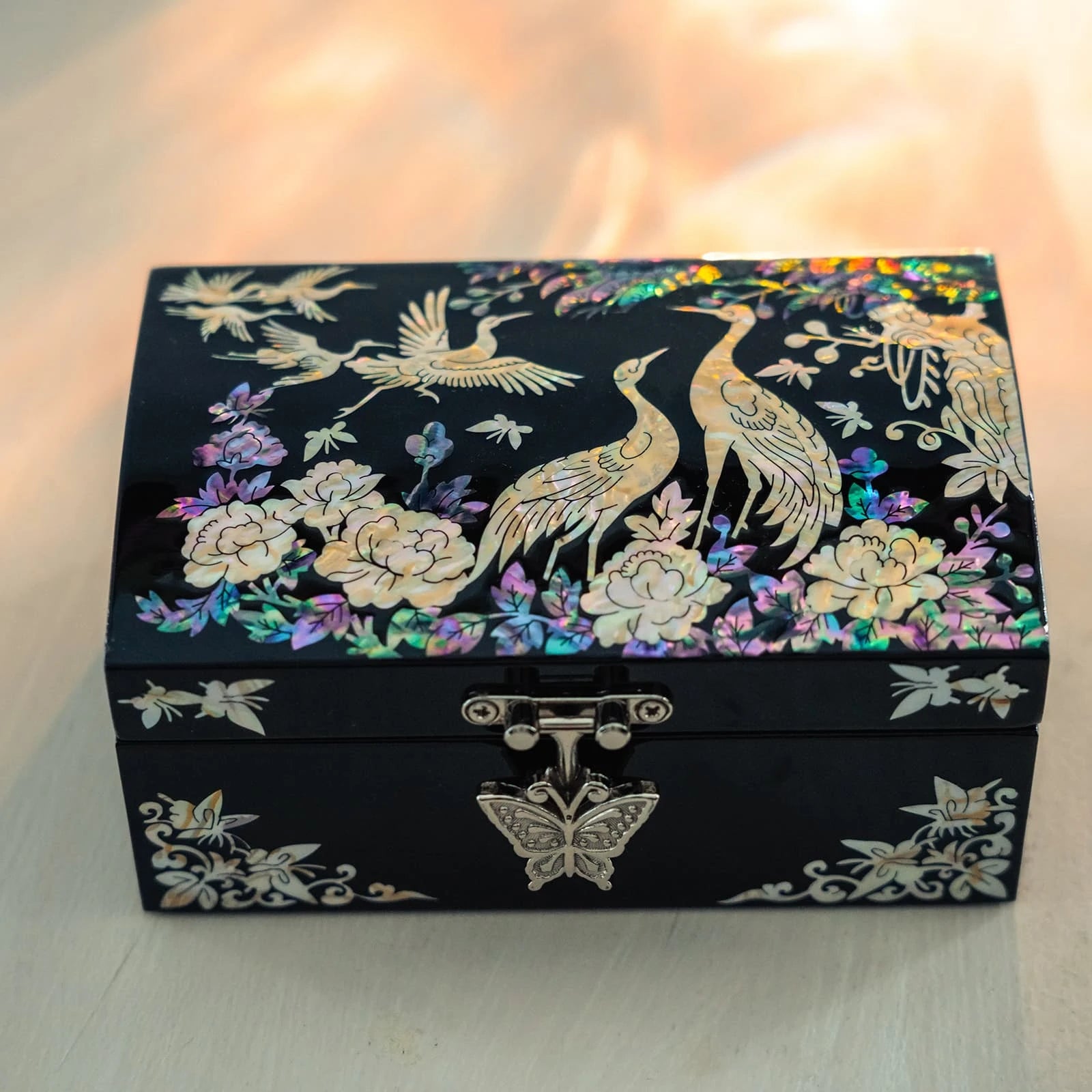 Korean mother of pearl jewelry box with cranes and peony design, handmade lacquer art