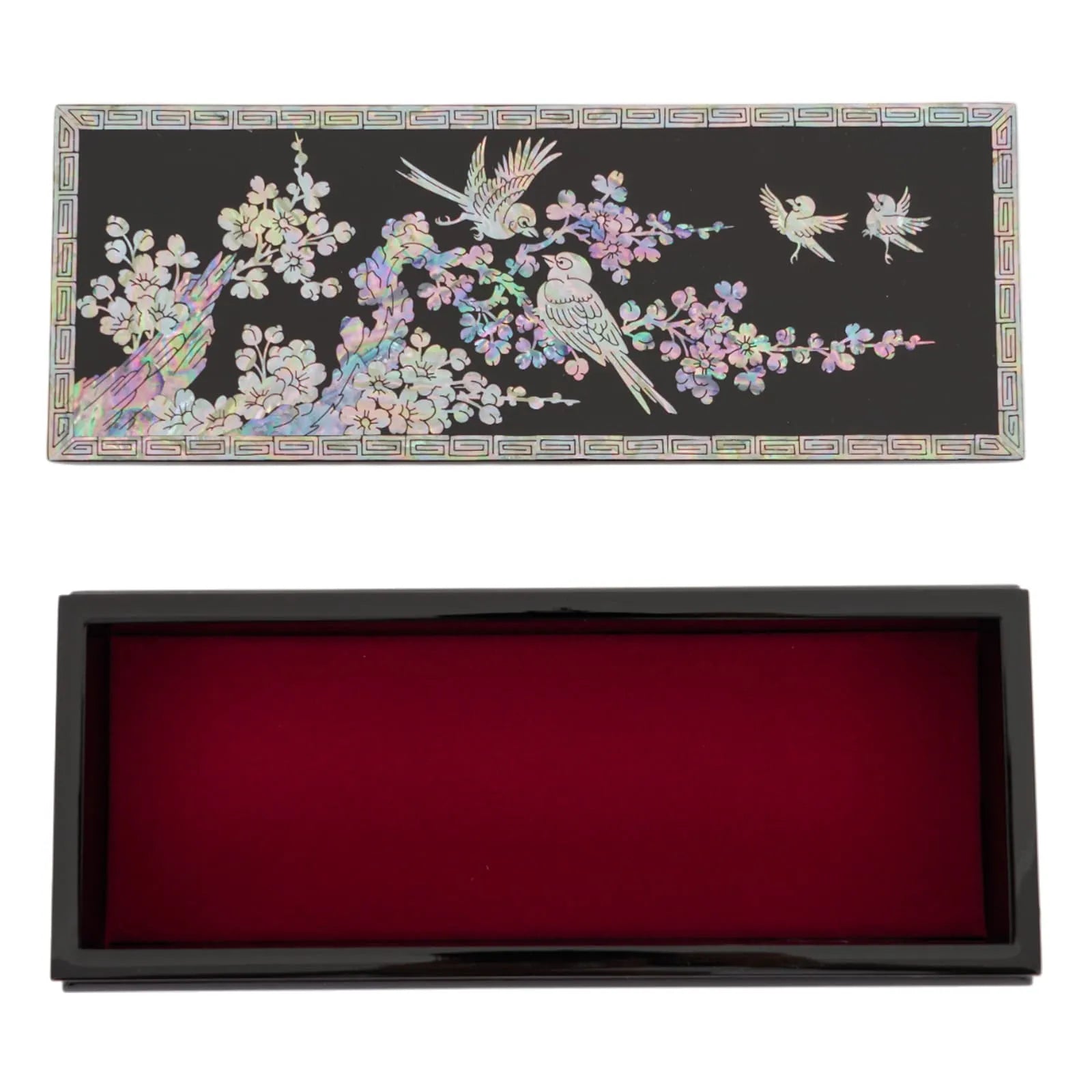Lid removed showing red velvet-lined interior and floral inlay on lid