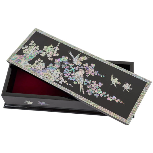 Lid slightly open showing red interior of parrot inlay lacquer box
