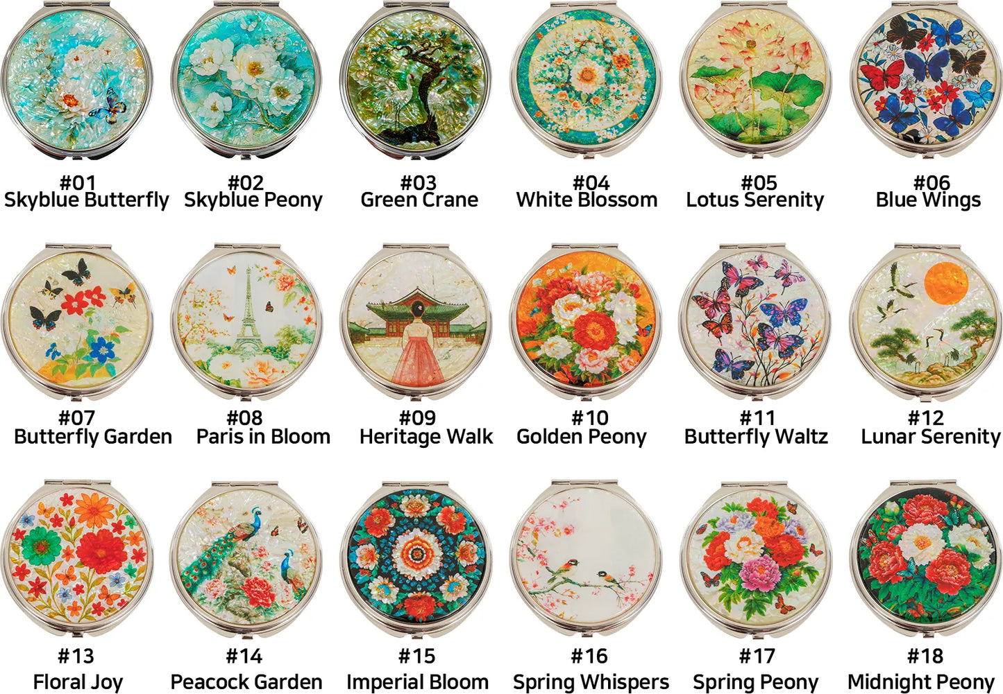 18 compact mirrors with floral, bird, and butterfly designs, labeled with names and numbers