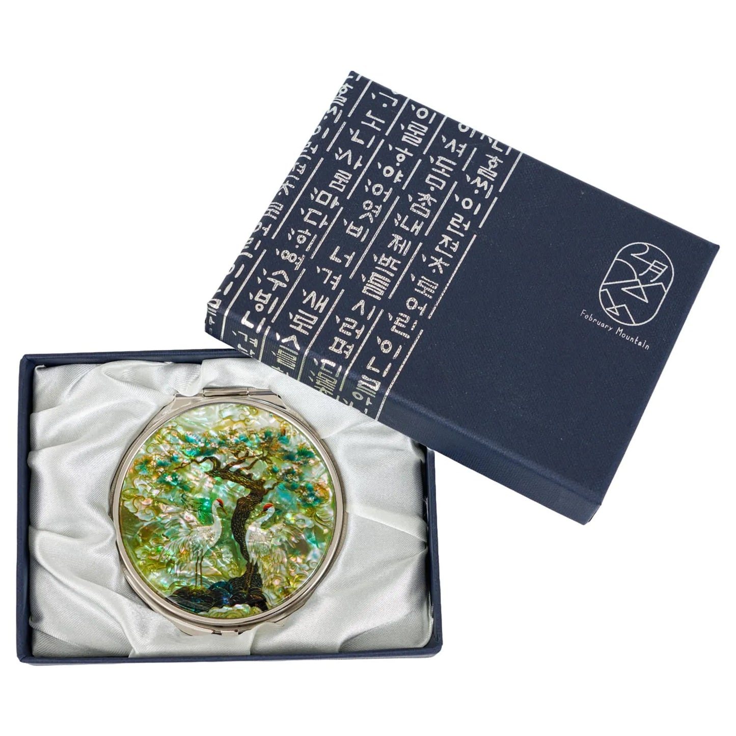 Luxury gift box with crane mirror set in white satin, February Mountain branding

