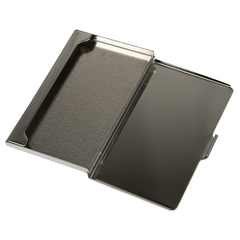 A silver, metal business card holder with a hinged lid open to show the compartment for storing cards, against a white background.