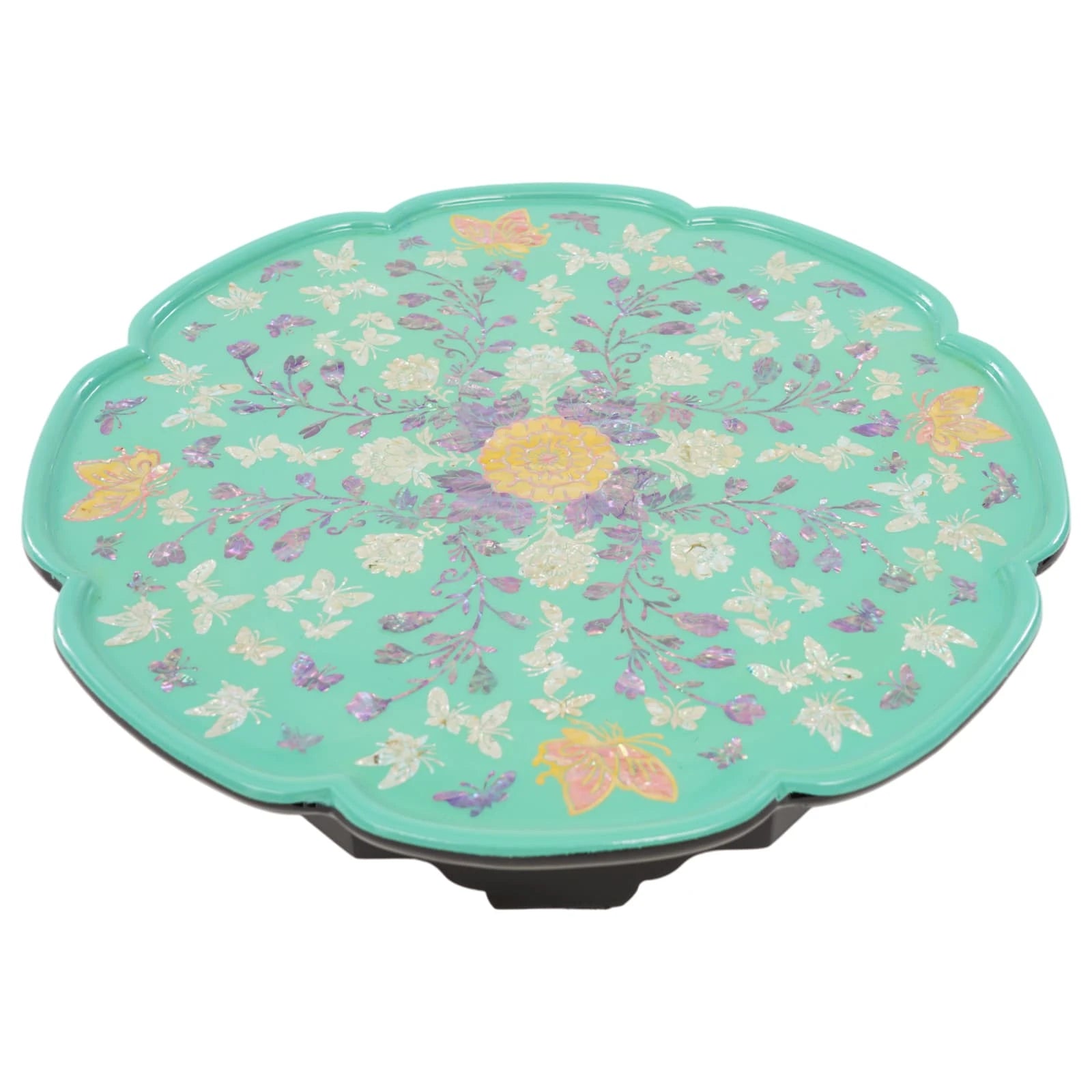 Mint green mother-of-pearl inlay round lacquer tray table with floral butterfly pattern, handcrafted Korean tray