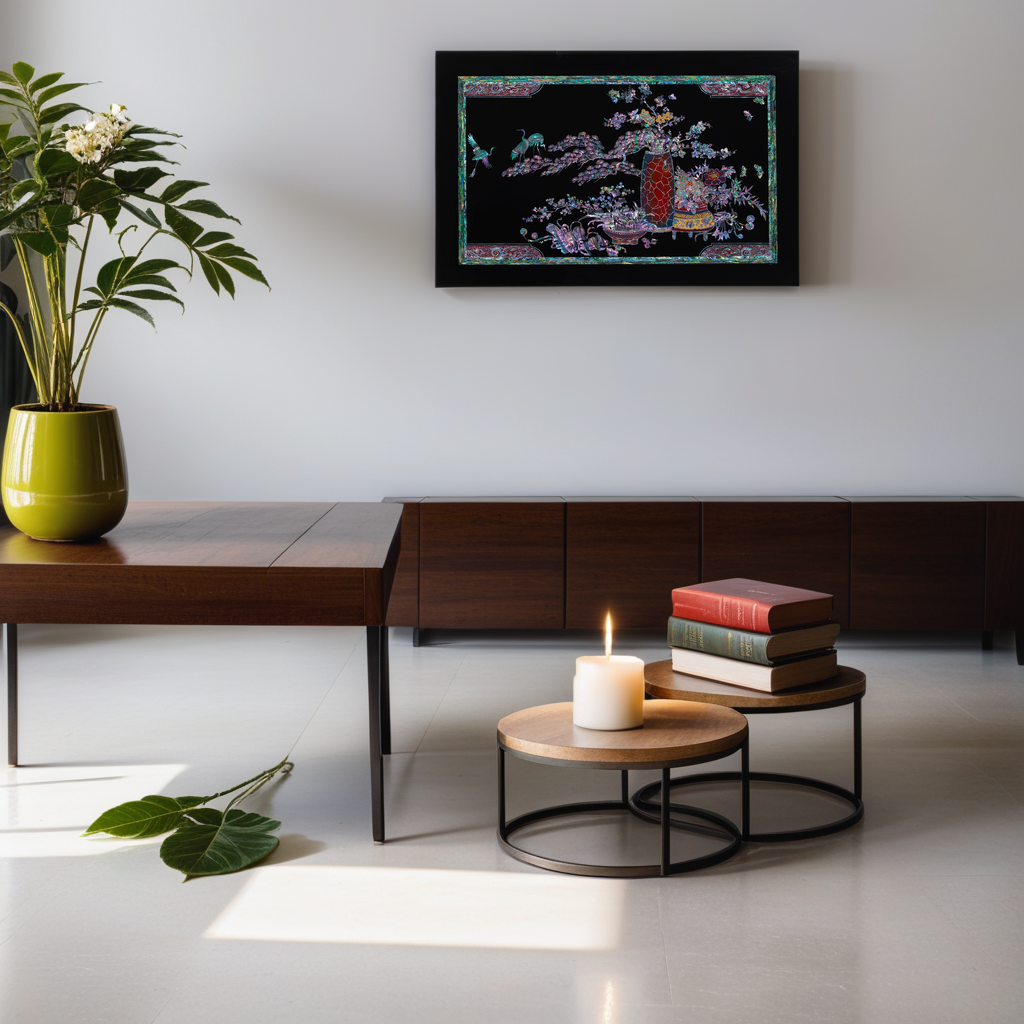 Modern living room with a sleek wooden bench, a pair of nesting tables with books and a candle, a bright green vase holding flowers, and a vibrant framed Korean Mother of Pearl artwork on a white wall.