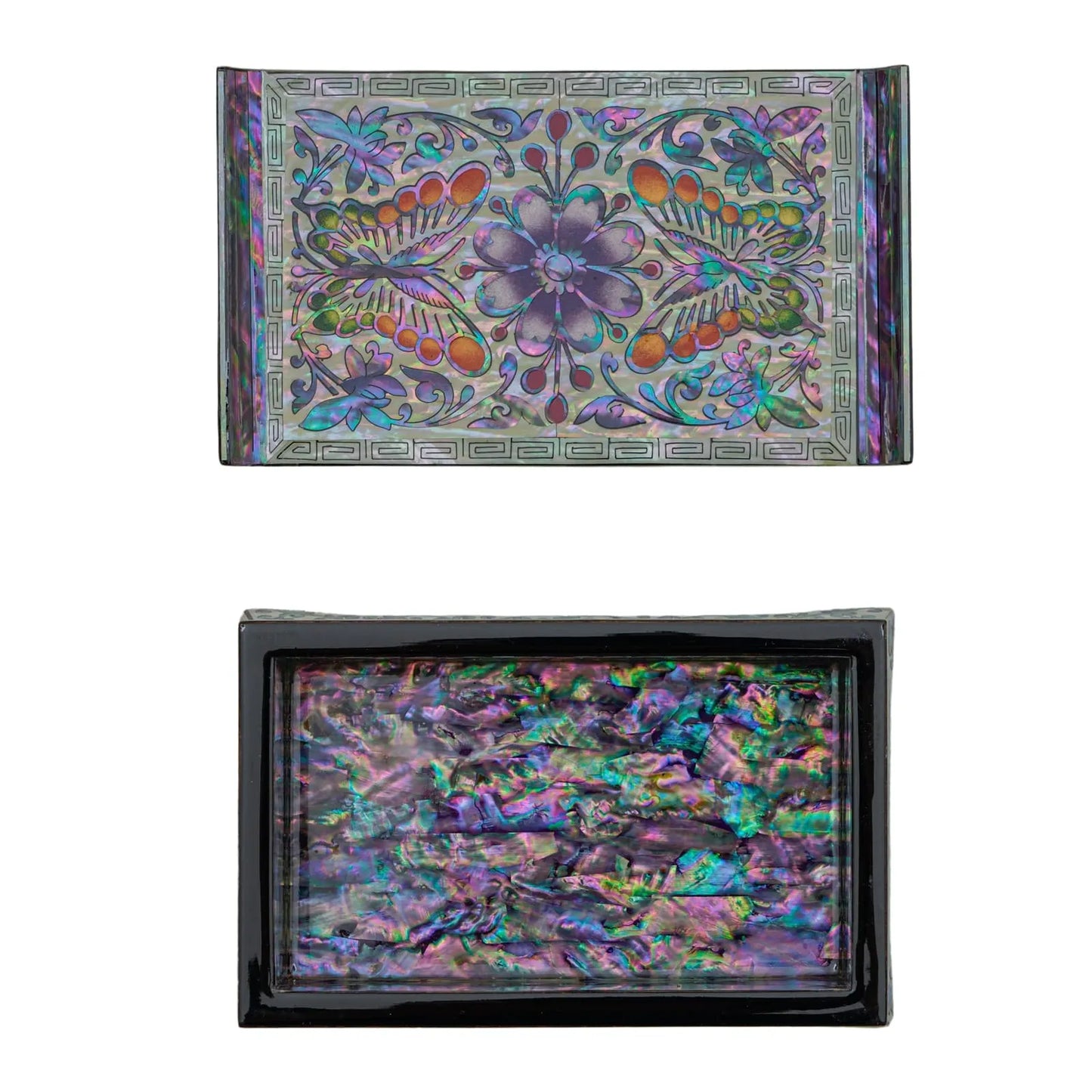 Mother-of-pearl box with floral and butterfly inlay on lid, rectangular shape, open view