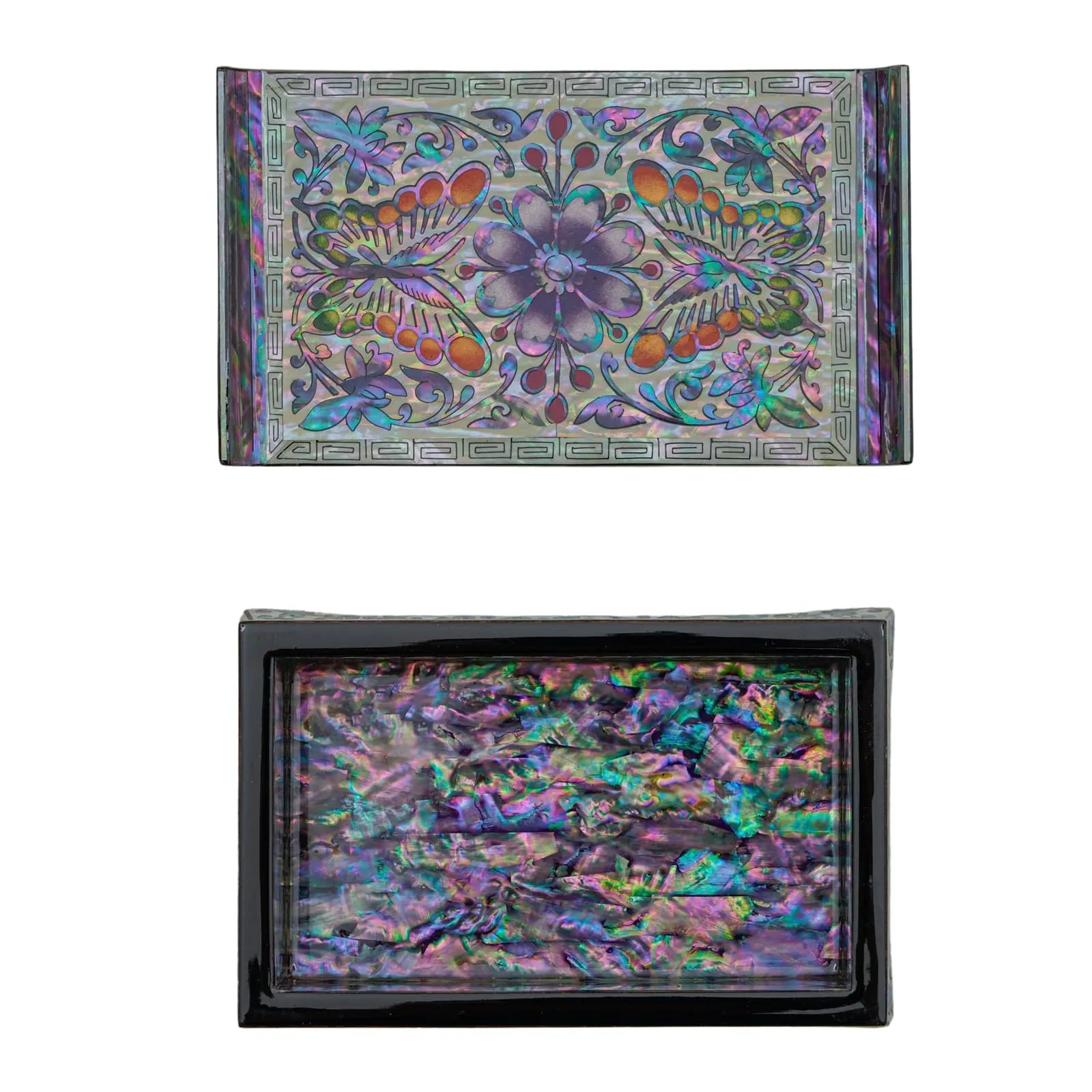 Mother-of-pearl box with floral and butterfly inlay on lid, rectangular shape, open view