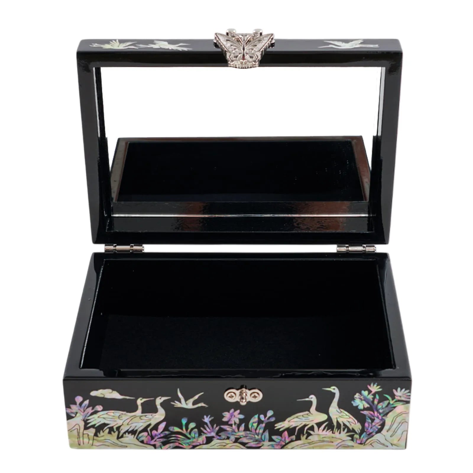 Mother-of-pearl box with interior mirror and crane motif on black base