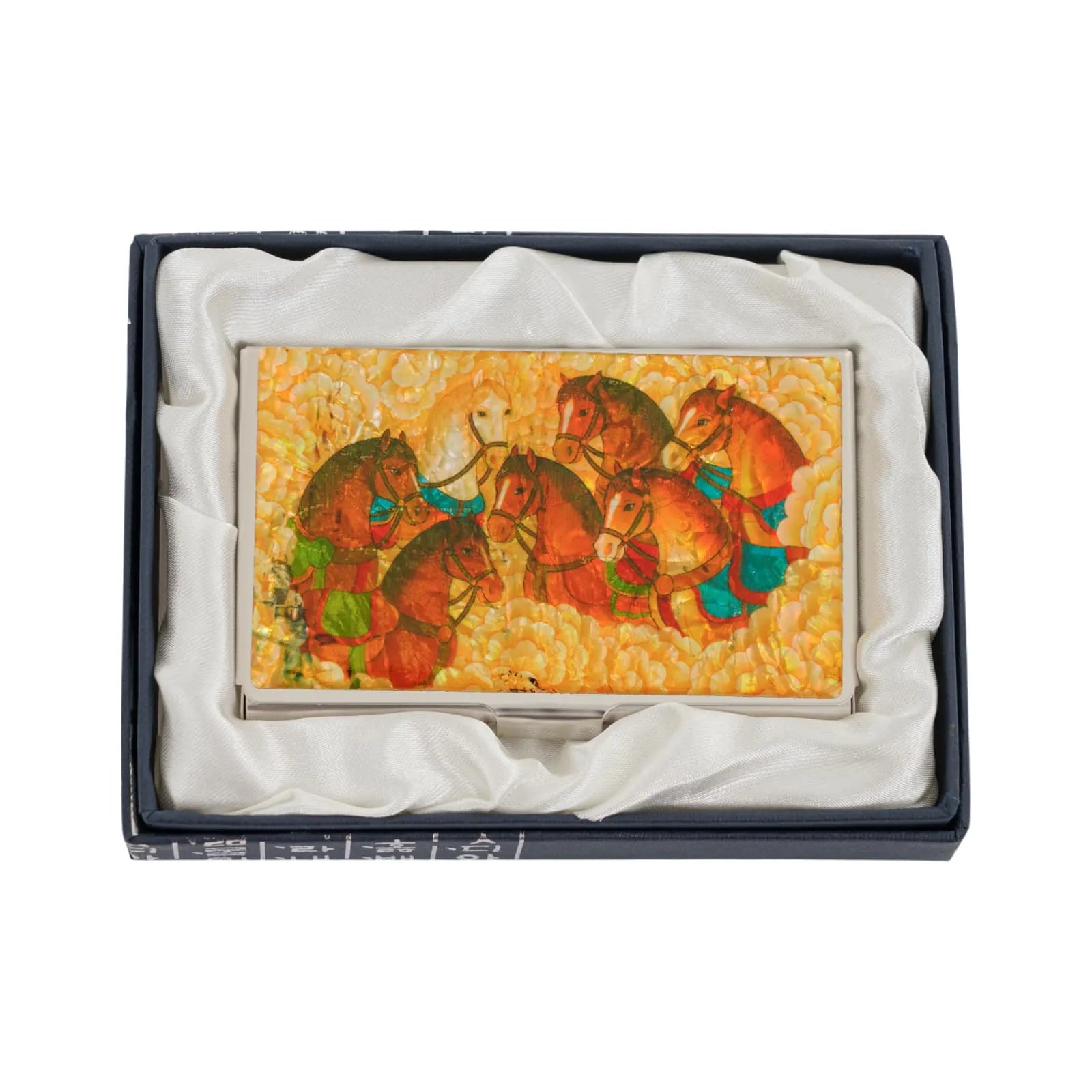 Mother-of-pearl card case with 8 horses against a golden background, in silk-lined box