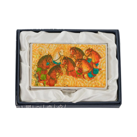 Mother-of-pearl card case with 8 horses against a golden background, in silk-lined box