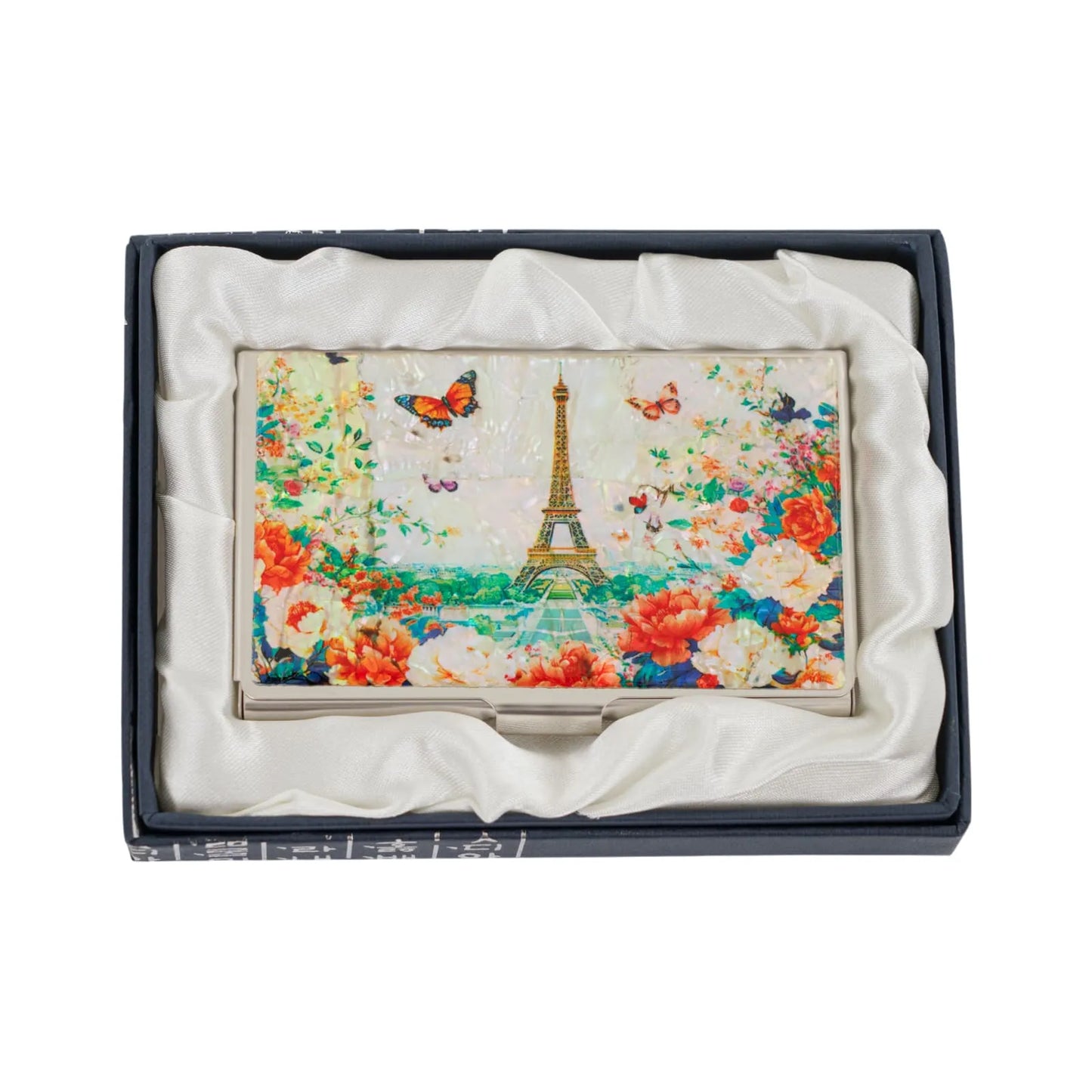 Mother-of-pearl card case with Eiffel Tower and flowers in a satin-lined gift box