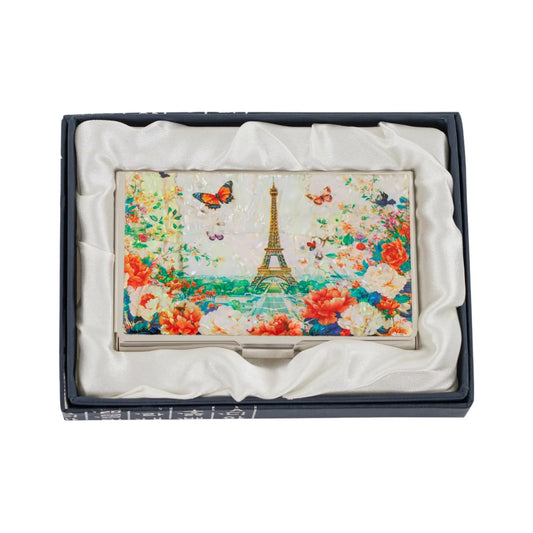 Mother-of-pearl card case with Eiffel Tower and flowers in a satin-lined gift box