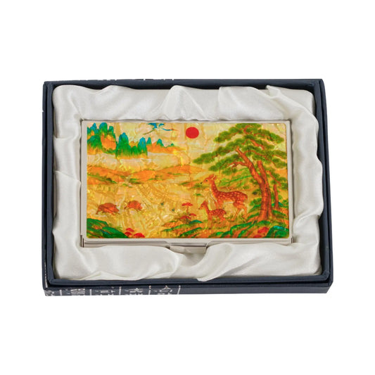 Mother-of-pearl card case with deer design in satin-lined gift box