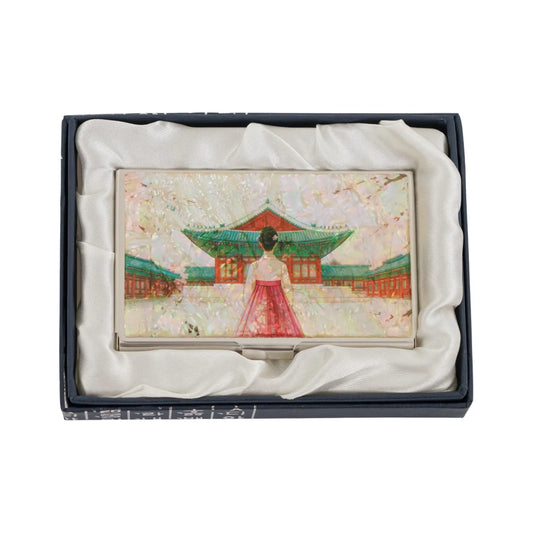 Mother-of-pearl card case with palace and woman in hanbok in gift box
