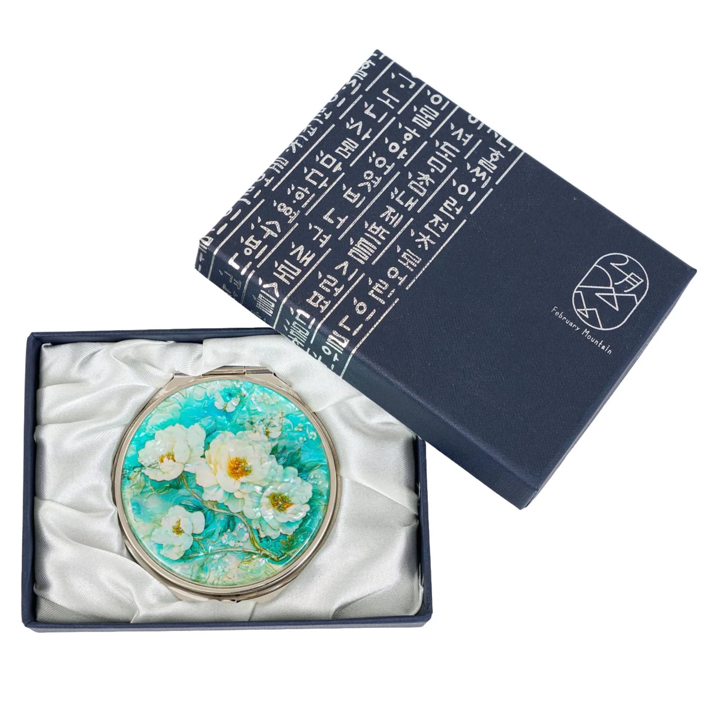 Mother-of-pearl compact mirror with white peonies in gift box featuring traditional Korean script