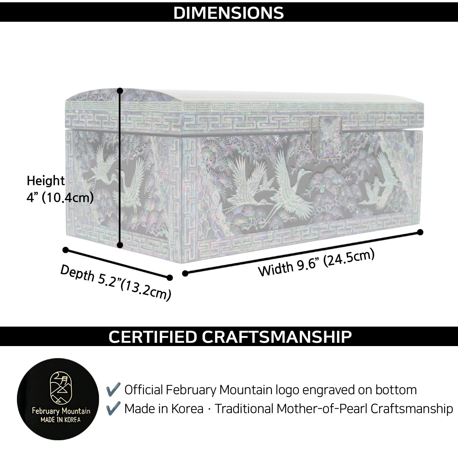 Mother-of-pearl jewelry box dimensions shown, 9.6 x 5.2 x 4 inches, handcrafted in Korea