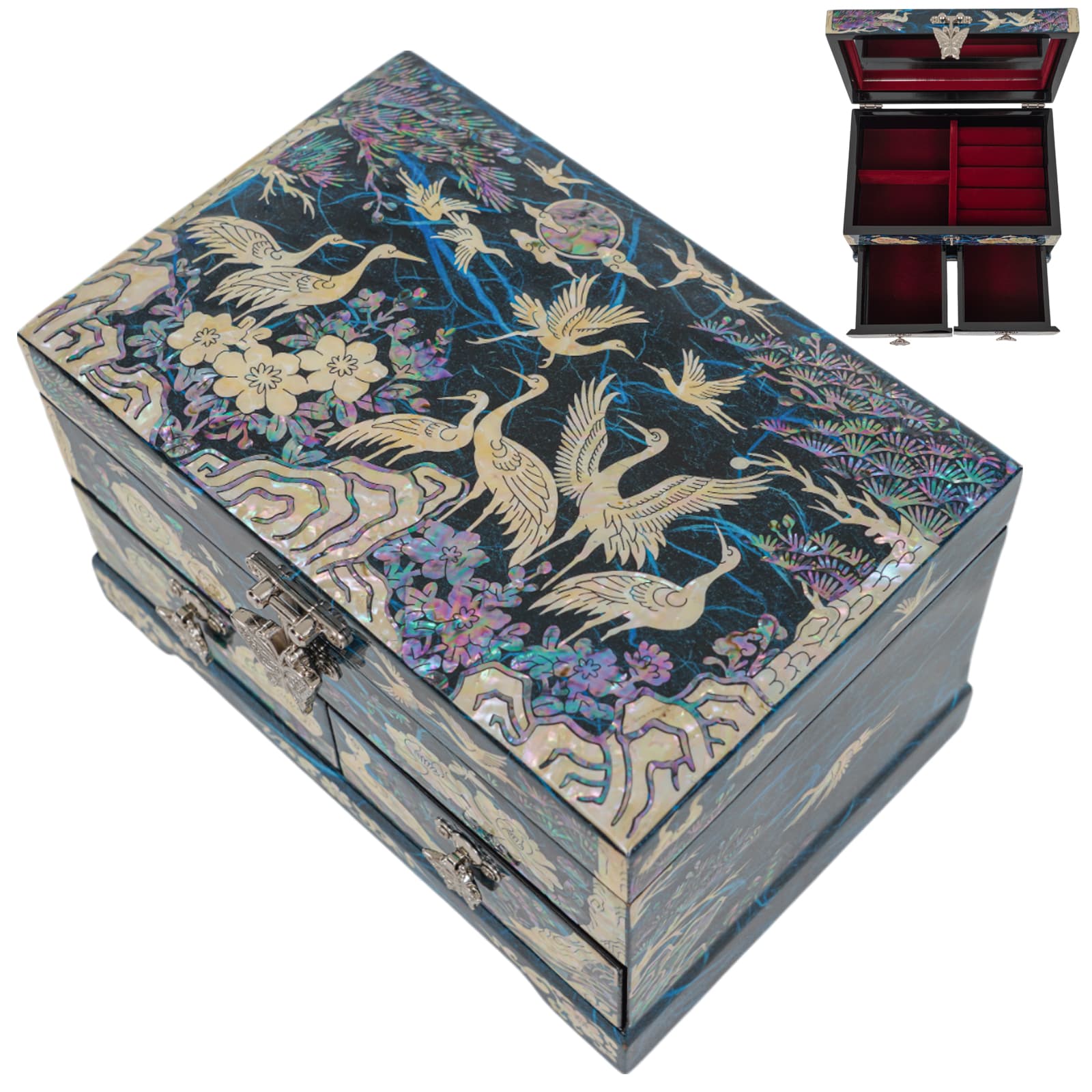 Blue Mother-of-Pearl Jewelry Box – Cranes, Full Moon