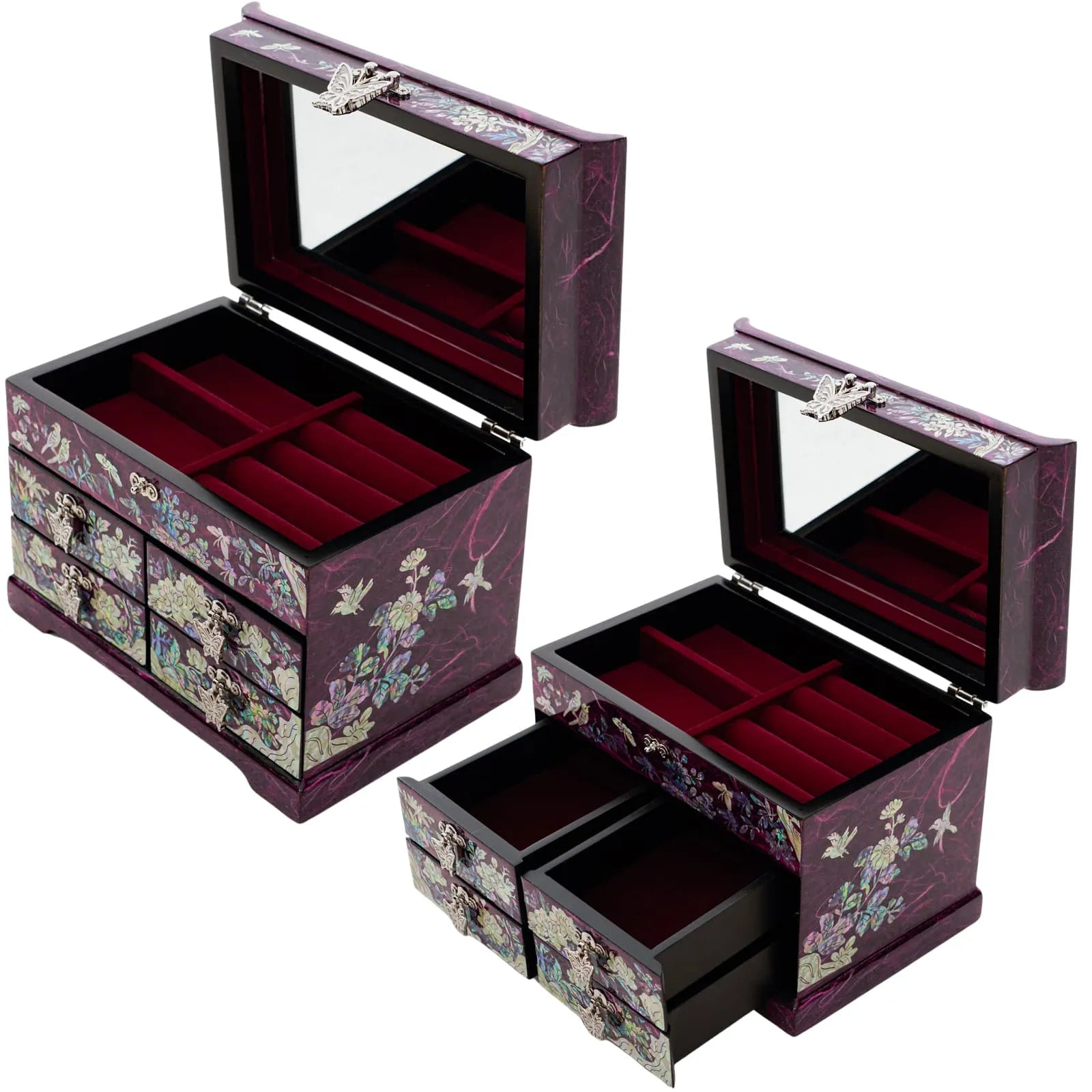 Mother-of-pearl jewelry box with crane and pine tree design in purple lacquer finish